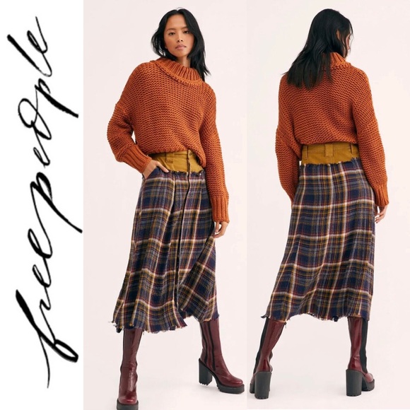Free People Dresses & Skirts - FREE PEOPLE AVRIL FLANNEL PLAID RAW HEM DENIM TOP MIDI MAXI SKIRT 6 BOHO NWOT